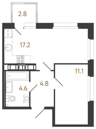 1-комнатная квартира №240 в: Куинджи: 37.7 м²; этаж: 7 - купить в Санкт-Петербурге