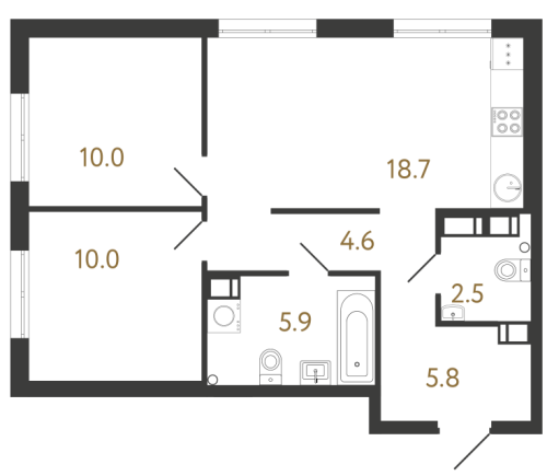 2-комнатная квартира №1 в: Струны: 57.5 м²; этаж: 4 - купить в Санкт-Петербурге