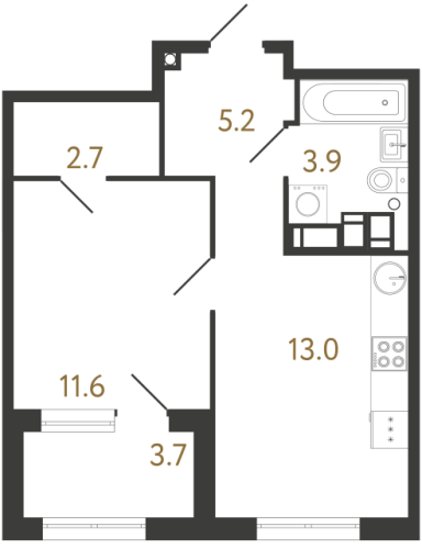 1-комнатная квартира №1 в: Струны: 36.4 м²; этаж: 3 - купить в Санкт-Петербурге