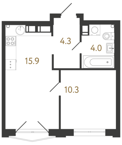 1-комнатная квартира №1 в: Струны: 34.5 м²; этаж: 3 - купить в Санкт-Петербурге