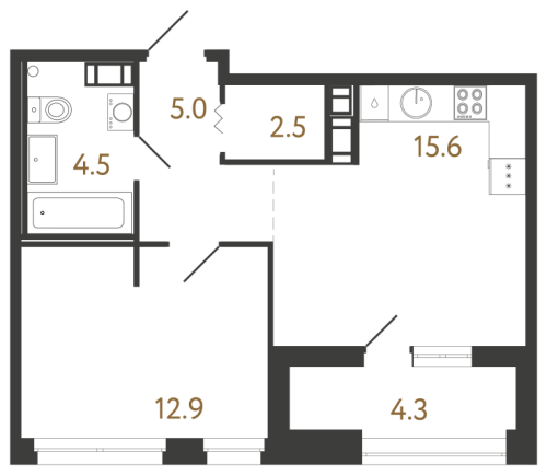 1-комнатная квартира №240 в: Куинджи: 40.5 м²; этаж: 4 - купить в Санкт-Петербурге