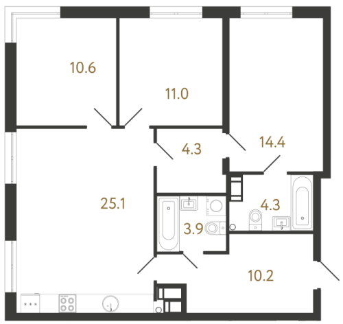 3-комнатная квартира №1 в: Струны: 83.8 м²; этаж: 21 - купить в Санкт-Петербурге