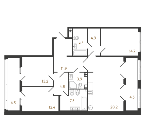 3-комнатная квартира №1 в: Клубный дом «Миръ»: 107.2 м²; этаж: 3 - купить в Санкт-Петербурге