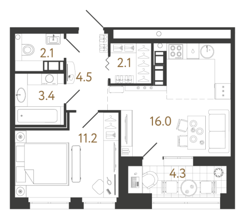 1-комнатная квартира №240 в: Куинджи: 39.3 м²; этаж: 10 - купить в Санкт-Петербурге