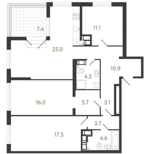 3-комнатная квартира №1 в: Струны: 102.1 м²; этаж: 22 - купить в Санкт-Петербурге