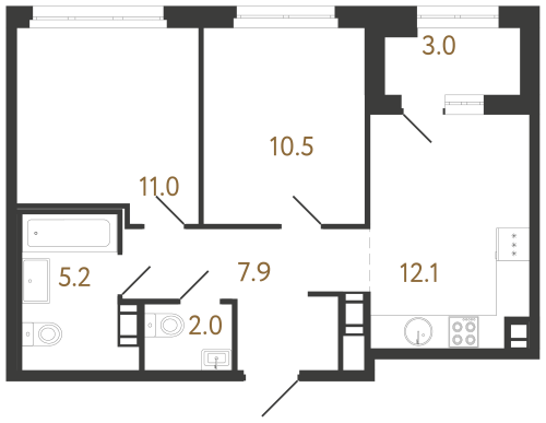 2-комнатная квартира №240 в: Куинджи: 48.7 м²; этаж: 6 - купить в Санкт-Петербурге