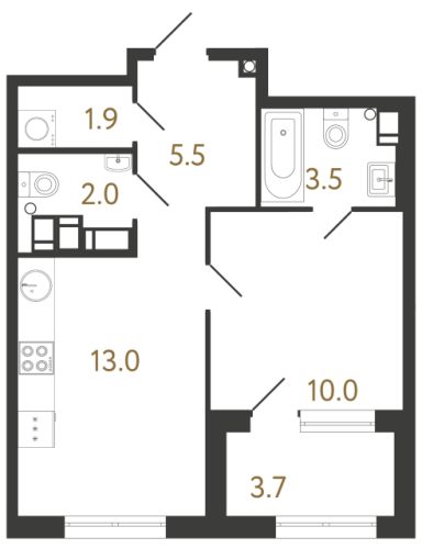 1-комнатная квартира №1 в: Струны: 35.9 м²; этаж: 21 - купить в Санкт-Петербурге