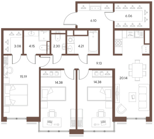 3-комнатная квартира, 99.12 м²; этаж: 3 - купить в Санкт-Петербурге