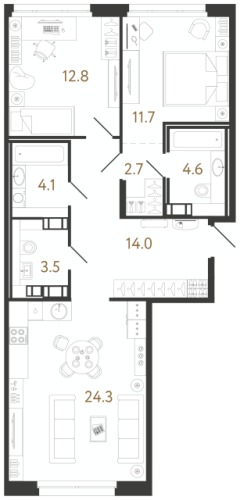 2-комнатная квартира №240 в: Куинджи: 77.7 м²; этаж: 11 - купить в Санкт-Петербурге
