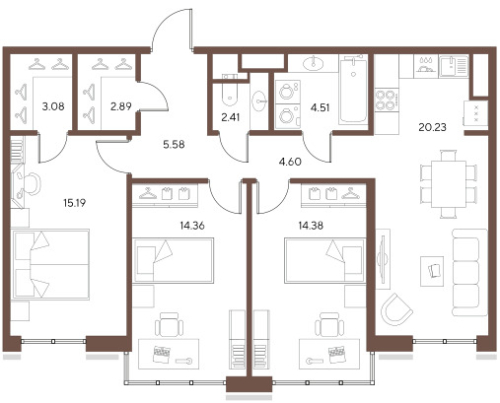 3-комнатная квартира №19 в: БОЛЬШОЙ, 67: 87.23 м²; этаж: 2 - купить в Санкт-Петербурге