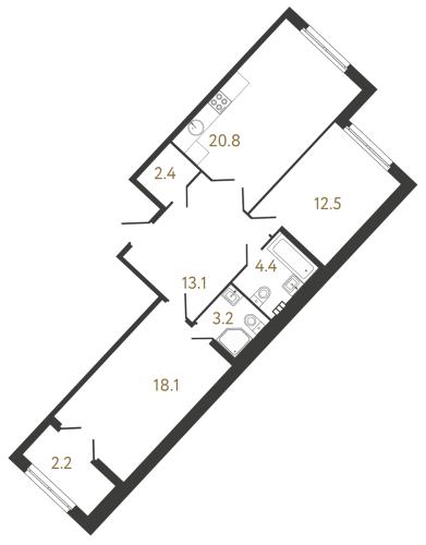 2-комнатная квартира №1 в: Клубный дом «Миръ»: 74.5 м²; этаж: 5 - купить в Санкт-Петербурге