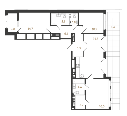 3-комнатная квартира №1 в: Клубный дом «Миръ»: 92.5 м²; этаж: 8 - купить в Санкт-Петербурге