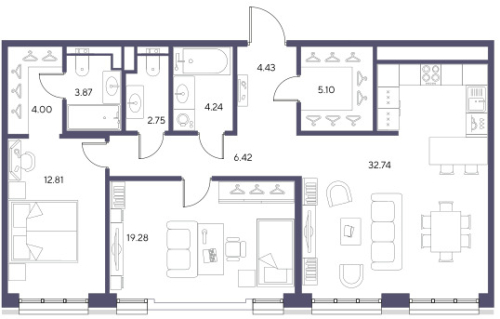 2-комнатная квартира, 95.64 м²; этаж: 3 - купить в Санкт-Петербурге