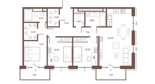 3-комнатная квартира, 89.89 м²; этаж: 8 - купить в Санкт-Петербурге