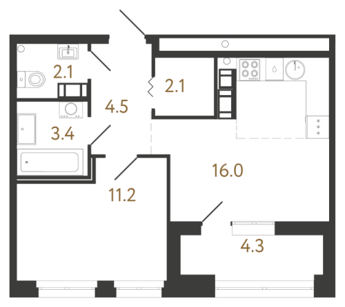1-комнатная квартира №240 в: Куинджи: 39.3 м²; этаж: 13 - купить в Санкт-Петербурге