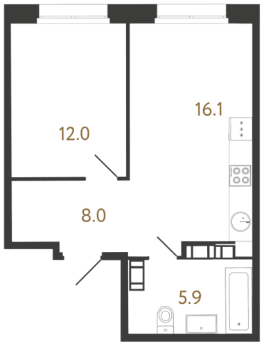 1-комнатная квартира №240 в: Куинджи: 42 м²; этаж: 2 - купить в Санкт-Петербурге