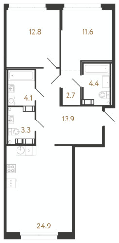 2-комнатная квартира №240 в: Куинджи: 77.7 м²; этаж: 3 - купить в Санкт-Петербурге
