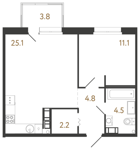 1-комнатная квартира №240 в: Куинджи: 47.7 м²; этаж: 6 - купить в Санкт-Петербурге