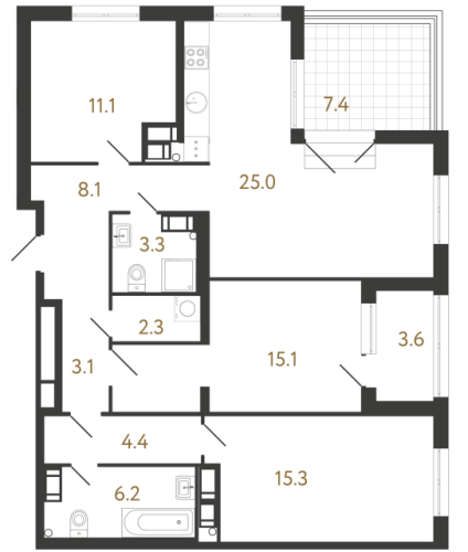 3-комнатная квартира №1 в: Струны: 93.9 м²; этаж: 22 - купить в Санкт-Петербурге