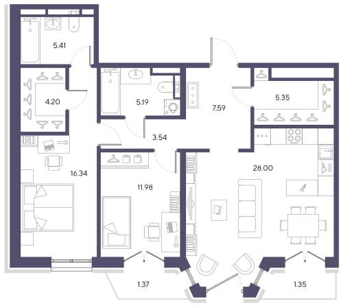 2-комнатная квартира №19 в: БОЛЬШОЙ, 67: 87.28 м²; этаж: 6 - купить в Санкт-Петербурге