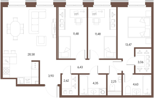3-комнатная квартира, 92.25 м²; этаж: 2 - купить в Санкт-Петербурге