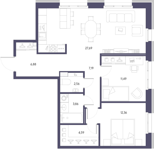 2-комнатная квартира, 76.62 м²; этаж: 2 - купить в Санкт-Петербурге