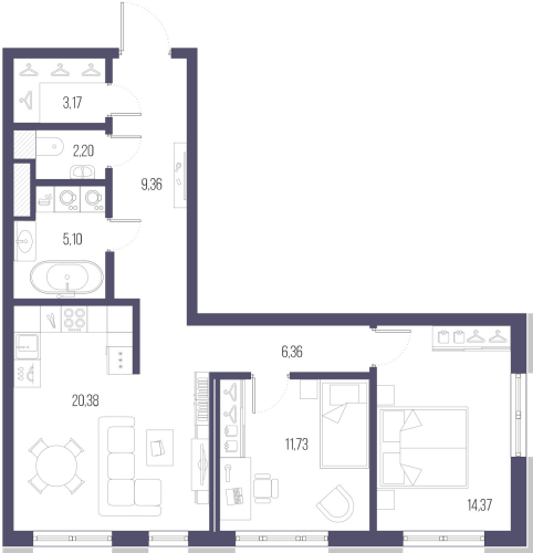 2-комнатная квартира №1 в: ЖК «Малоохтинский, 68»: 71.9 м²; этаж: 2 - купить в Санкт-Петербурге