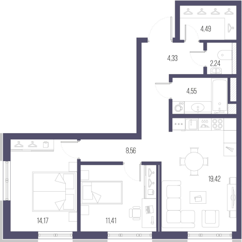 2-комнатная квартира №1 в: ЖК «Малоохтинский, 68»: 68.2 м²; этаж: 6 - купить в Санкт-Петербурге