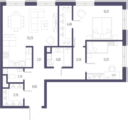 2-комнатная квартира №1 в: ЖК «Малоохтинский, 68»: 81.5 м²; этаж: 8 - купить в Санкт-Петербурге