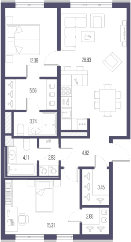 2-комнатная квартира, 82.3 м²; этаж: 7 - купить в Санкт-Петербурге