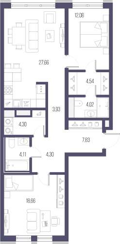 2-комнатная квартира, 91.2 м²; этаж: 3 - купить в Санкт-Петербурге