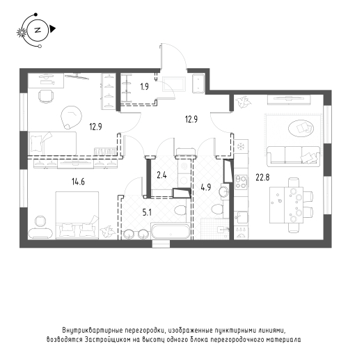 2-комнатная квартира, 77.5 м²; этаж: 3 - купить в Санкт-Петербурге