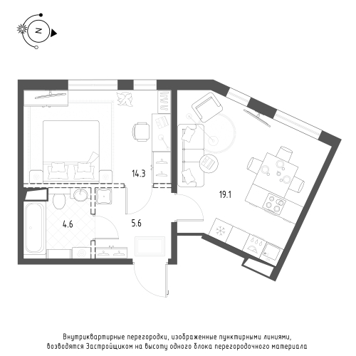 1-комнатная квартира, 43.6 м²; этаж: 2 - купить в Санкт-Петербурге