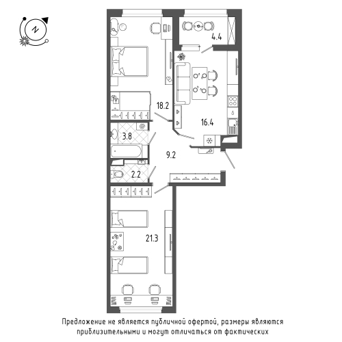 2-комнатная квартира, 74 м²; этаж: 9 - купить в Санкт-Петербурге
