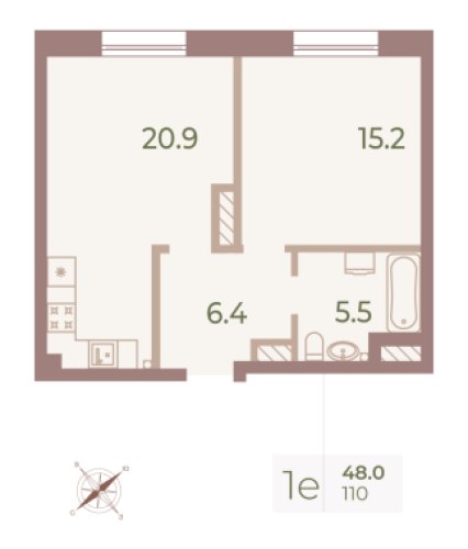 1-комнатная квартира, 47.8 м²; этаж: 6 - купить в Санкт-Петербурге