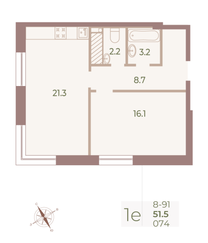 1-комнатная квартира, 51.6 м²; этаж: 9 - купить в Санкт-Петербурге