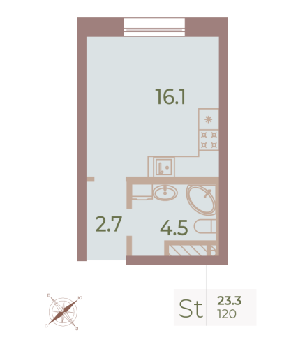 1-комнатная квартира, 23.3 м²; этаж: 7 - купить в Санкт-Петербурге