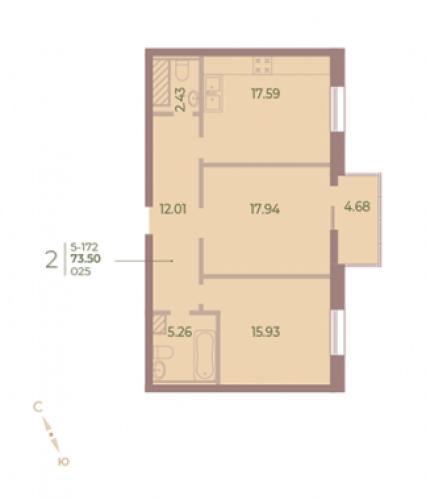 2-комнатная квартира, 73.4 м²; этаж: 7 - купить в Санкт-Петербурге
