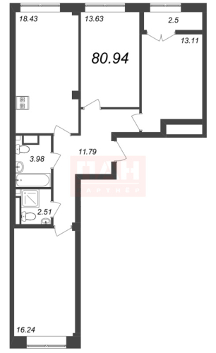 3-комнатная квартира, 80.94 м²; этаж: 7 - купить в Санкт-Петербурге