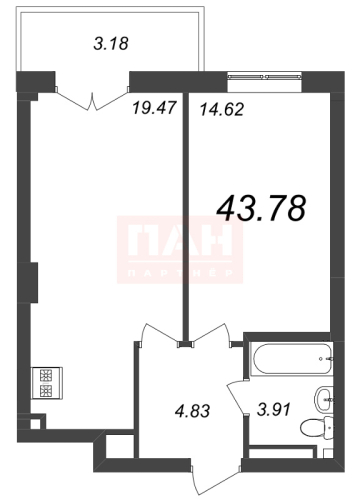 1-комнатная квартира, 43.78 м²; этаж: 7 - купить в Санкт-Петербурге