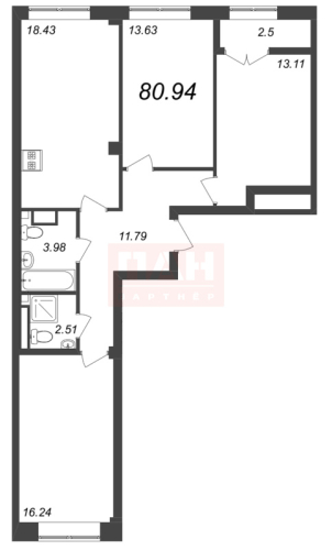 3-комнатная квартира, 80.94 м²; этаж: 8 - купить в Санкт-Петербурге