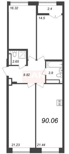 3-комнатная квартира, 90.06 м²; этаж: 7 - купить в Санкт-Петербурге