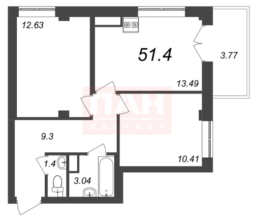 2-комнатная квартира, 51.4 м²; этаж: 8 - купить в Санкт-Петербурге