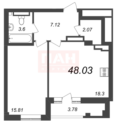 1-комнатная квартира №17А в: NEVA RESIDENCE: 48.03 м²; этаж: 8 - купить в Санкт-Петербурге