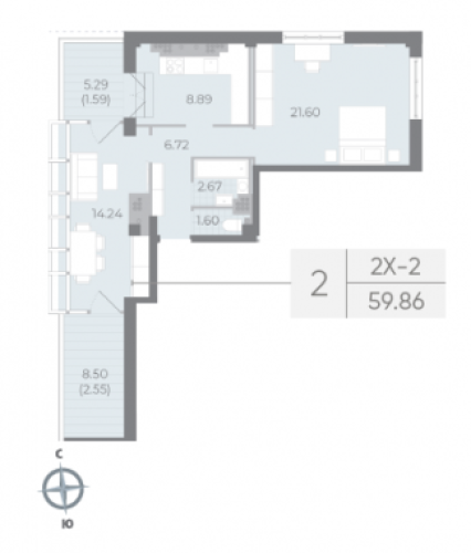 1-комнатная квартира №17А в: NEVA RESIDENCE: 59.86 м²; этаж: 8 - купить в Санкт-Петербурге