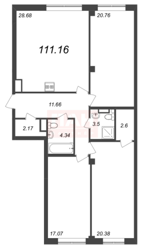3-комнатная квартира, 108.42 м²; этаж: 6 - купить в Санкт-Петербурге