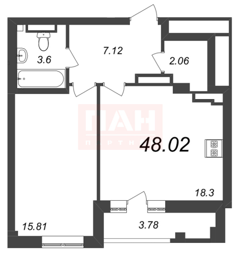 1-комнатная квартира №17А в: NEVA RESIDENCE: 48.02 м²; этаж: 7 - купить в Санкт-Петербурге