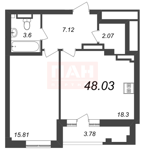1-комнатная квартира, 48.03 м²; этаж: 6 - купить в Санкт-Петербурге