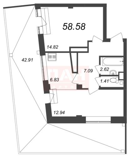 1-комнатная квартира, 58.58 м²; этаж: 7 - купить в Санкт-Петербурге