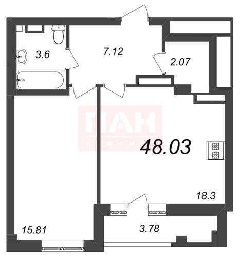 1-комнатная квартира, 48.03 м²; этаж: 4 - купить в Санкт-Петербурге